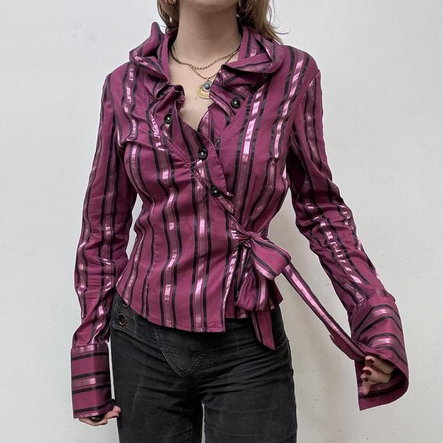 Pink pinstipe ruffle office shirt