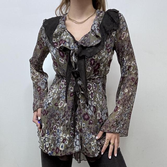 Sheer ruffle khaki fairy floral blouse