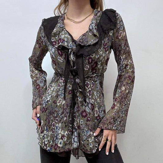 Sheer ruffle khaki fairy floral blouse