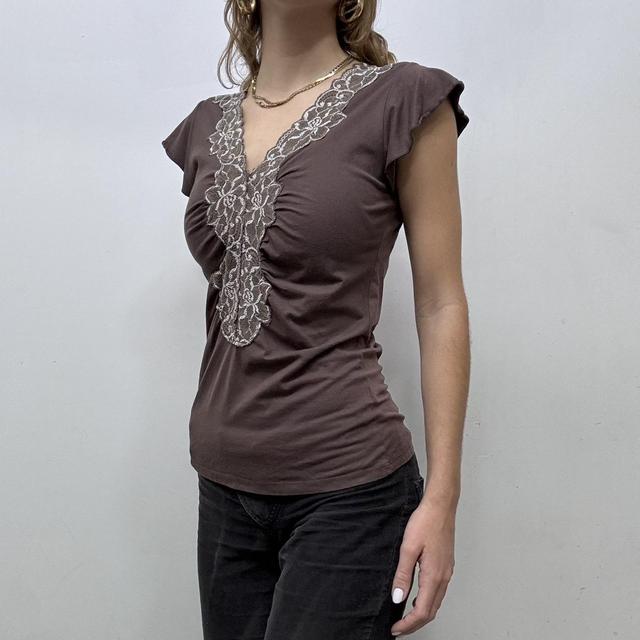 Cinched brown lace ruffle top