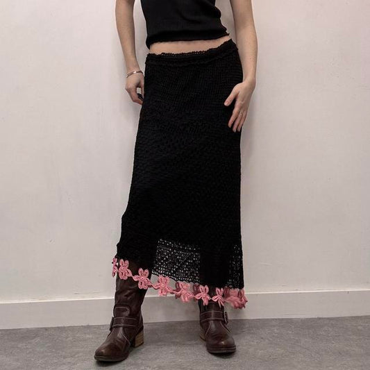 Black lace crochet maxi sheer skirt