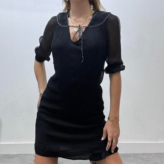 Black crinkle silk bow neck mini dress