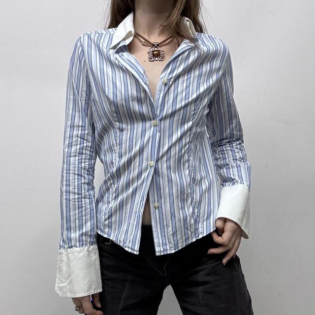 Blue pinstripe flared office shirt