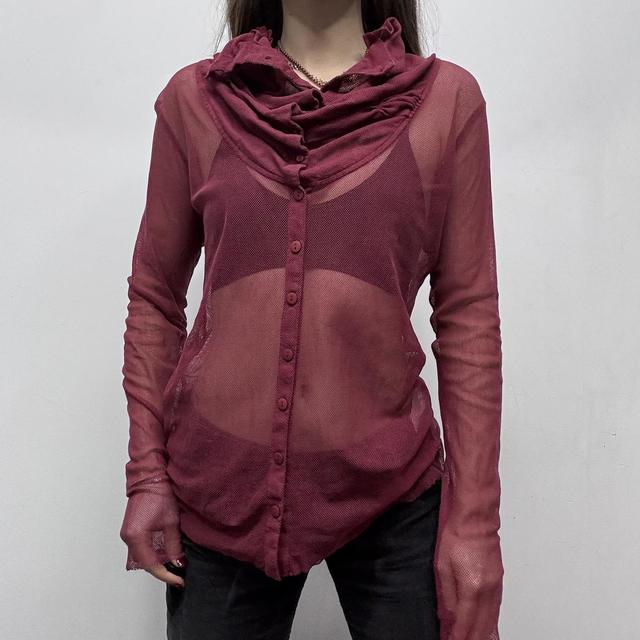 Sheer burgandy layered neck shirt
