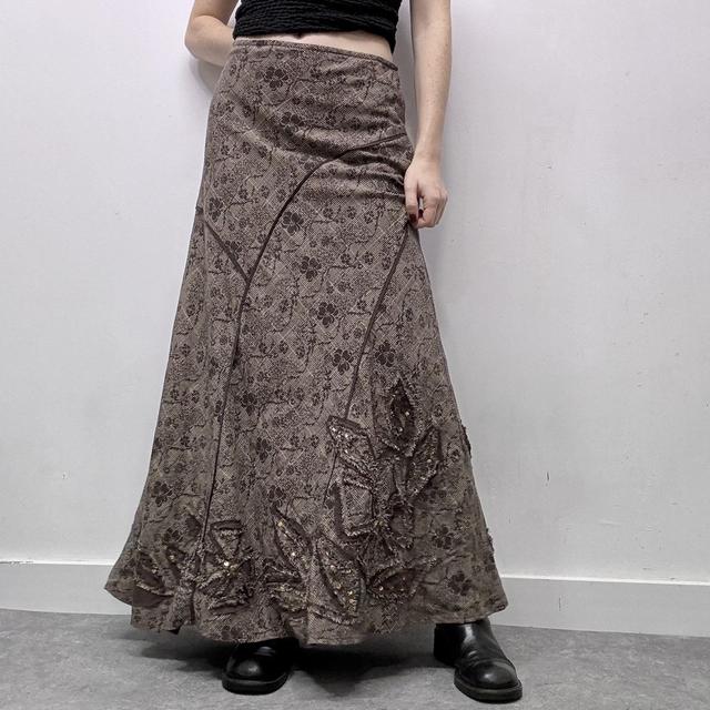 Brown floral checked tweed style maxi skirt