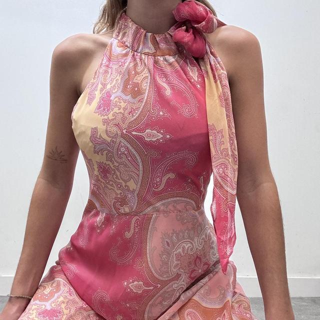 Pink sheer floral paisley bow neck dress