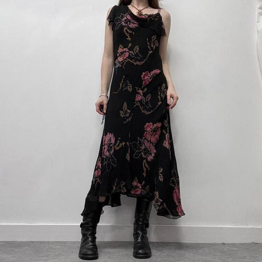 Black silk graphic floral dress