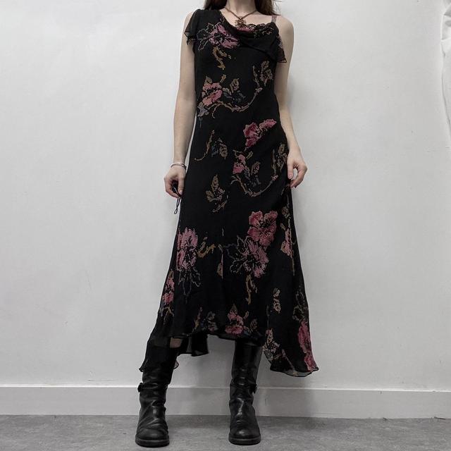 Black silk graphic floral dress