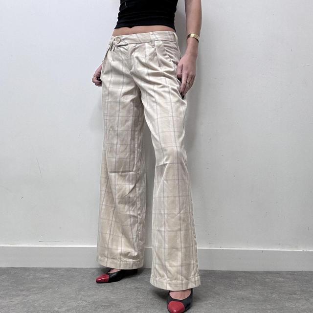 Beige flared wide leg checked suit trousers