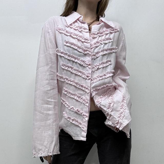Pink flared distressed ruffle shirt