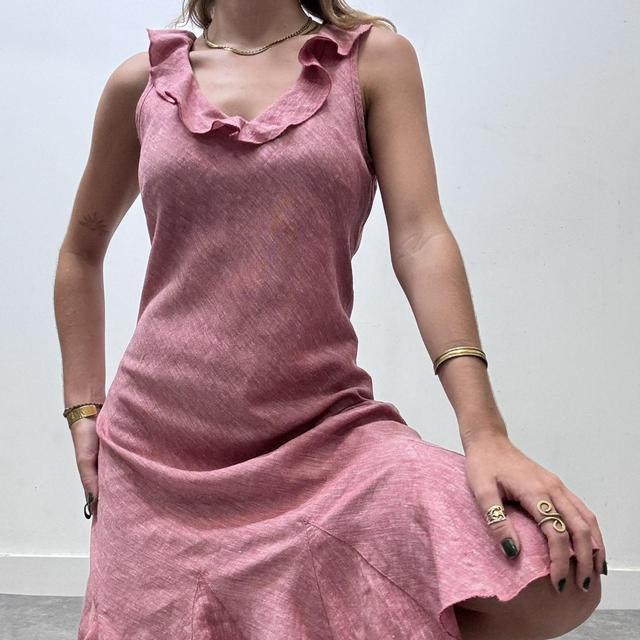 Pink linen ruffle bias cut dress