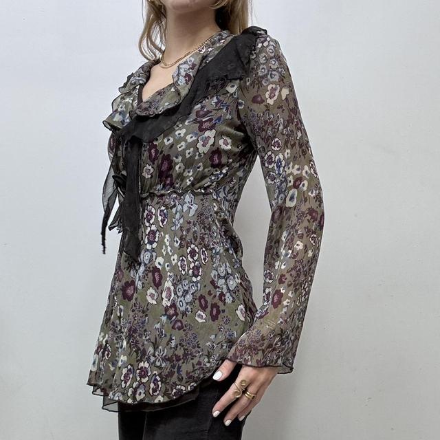 Sheer ruffle khaki fairy floral blouse