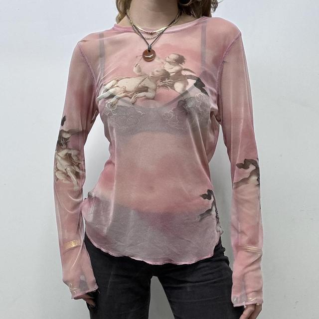 Sheer pink graphic print angel t-shirt