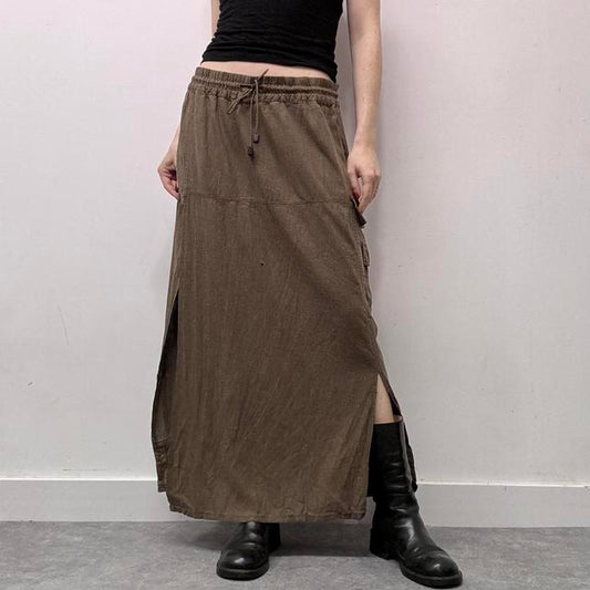 Khaki linen cargo maxi skirt