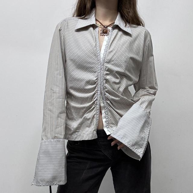 Corset gathered pinstripe flared office shirt