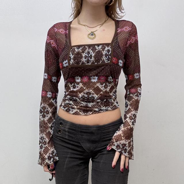 Graphic printed y2k flared mesh shirt