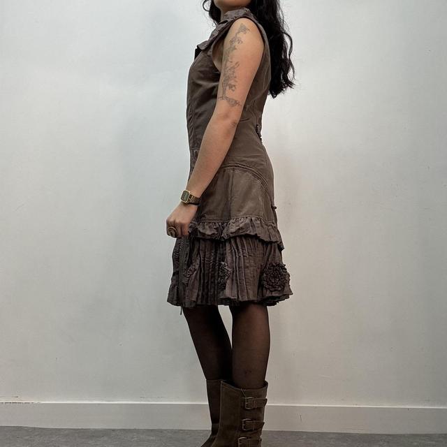 Brown pleated flared cargo dress