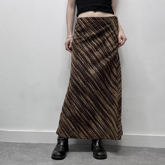 Brown pinstripe patterned wool maxi skirt