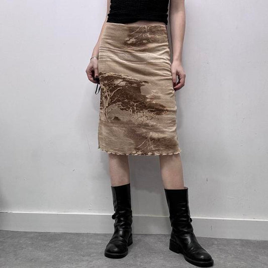 Brown graphic printed mesh midi skirt