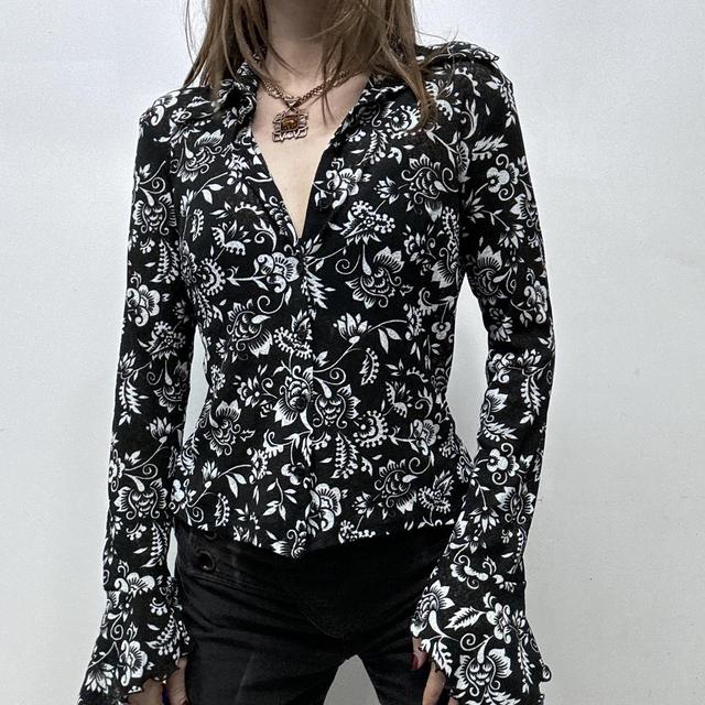 Black floral sheer mesh lace shirt
