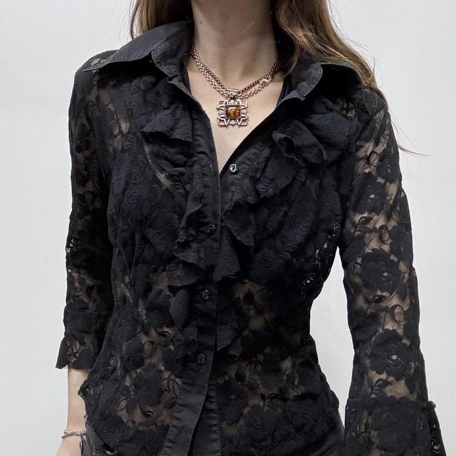 Black sheer lace flared shirt
