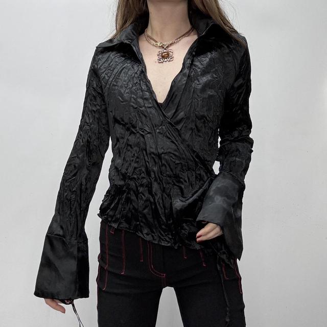 Black satin crinkle wrap shirt