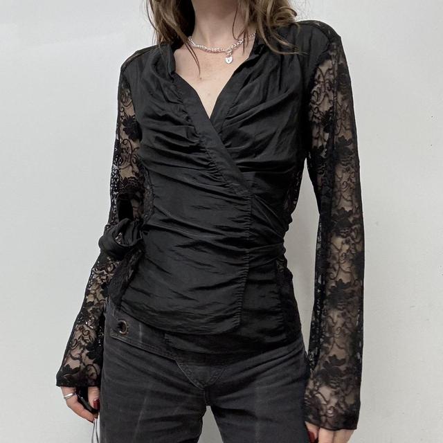 Black lace crinkle wrap top