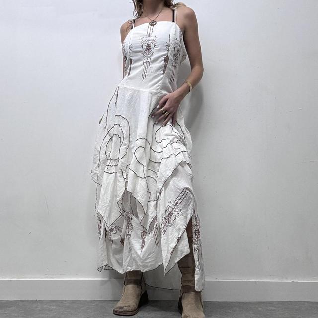 White handkerchief layered embroidered puff maxi dress