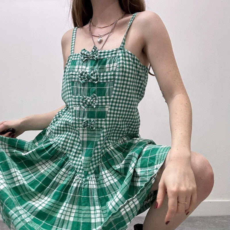 green gingham bow dress