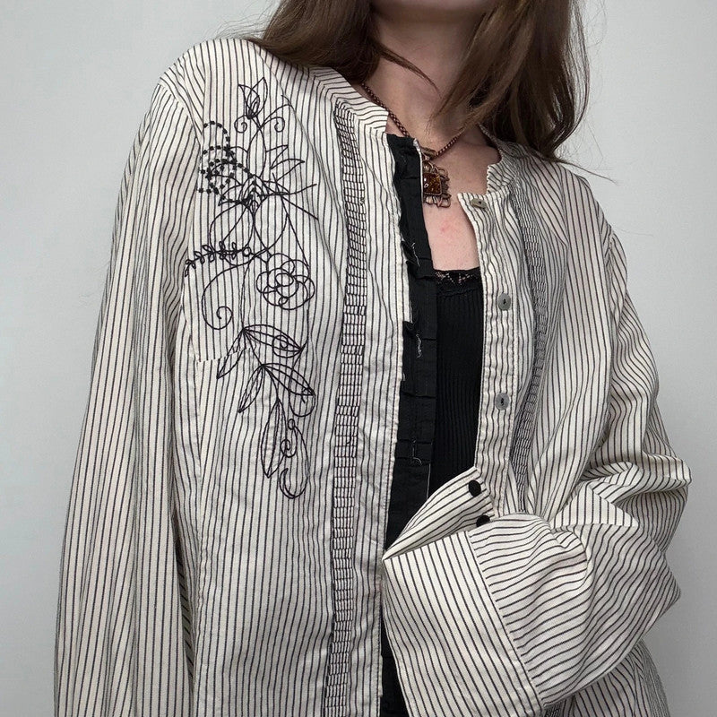 pinstripe ruffle embroidered shirt