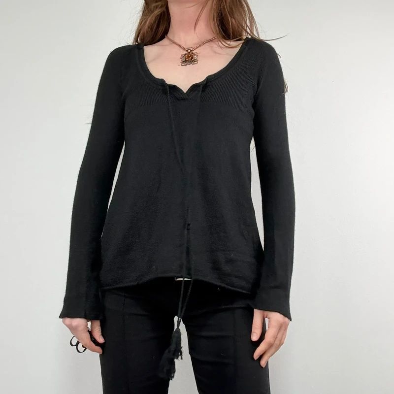black flared cashmere silk blend long sleeve top