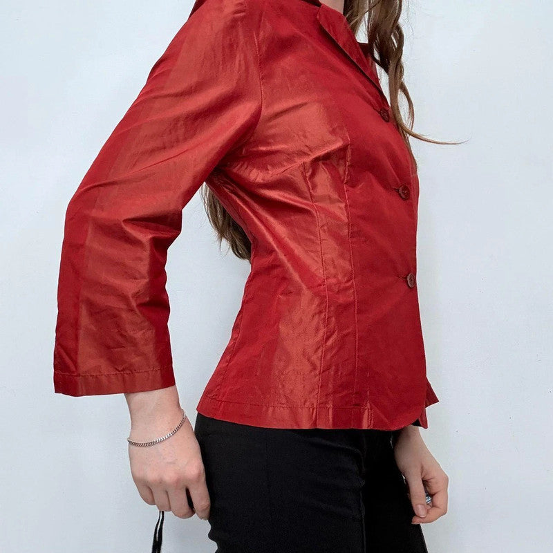 red flared silk shirt