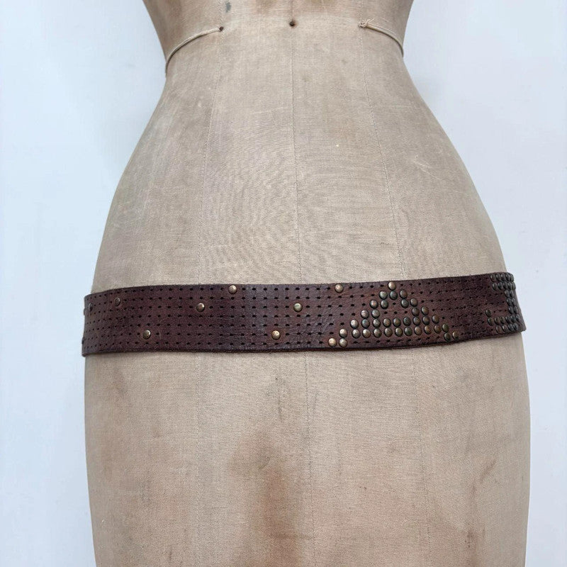 brown leather studded metal belt