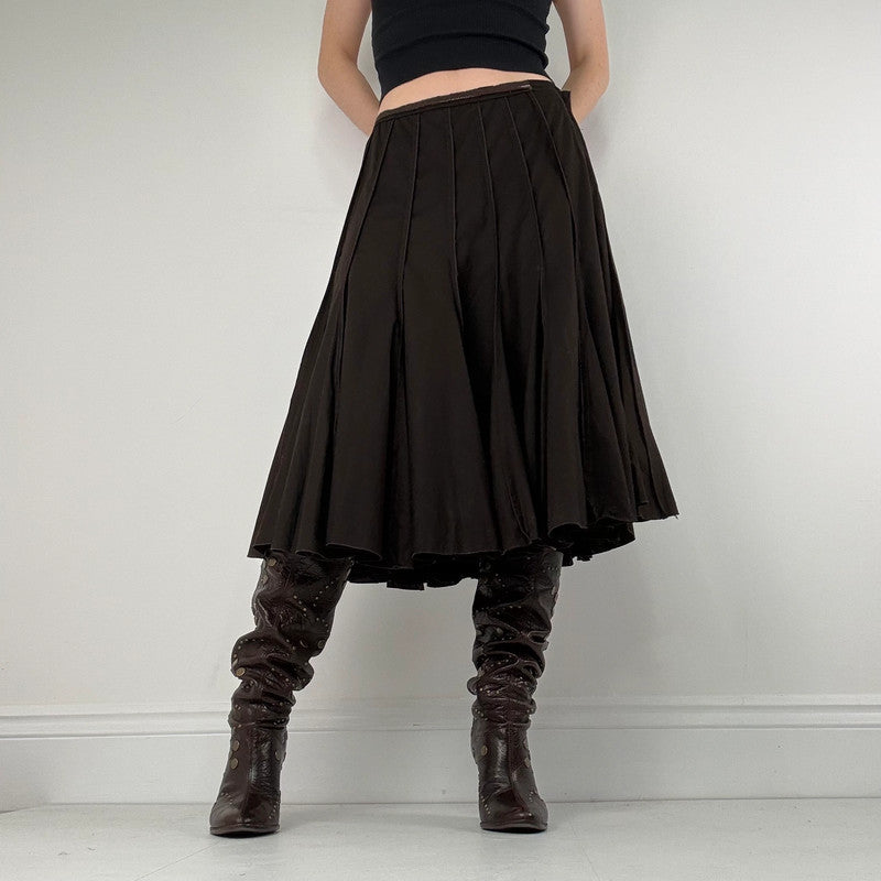 Brown pleated flared layered midi skirt