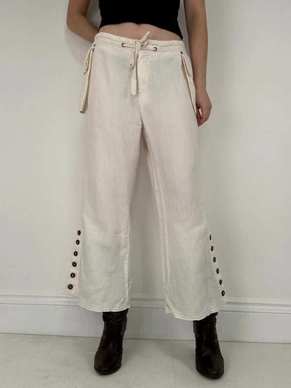 white linen flared utility button trousers