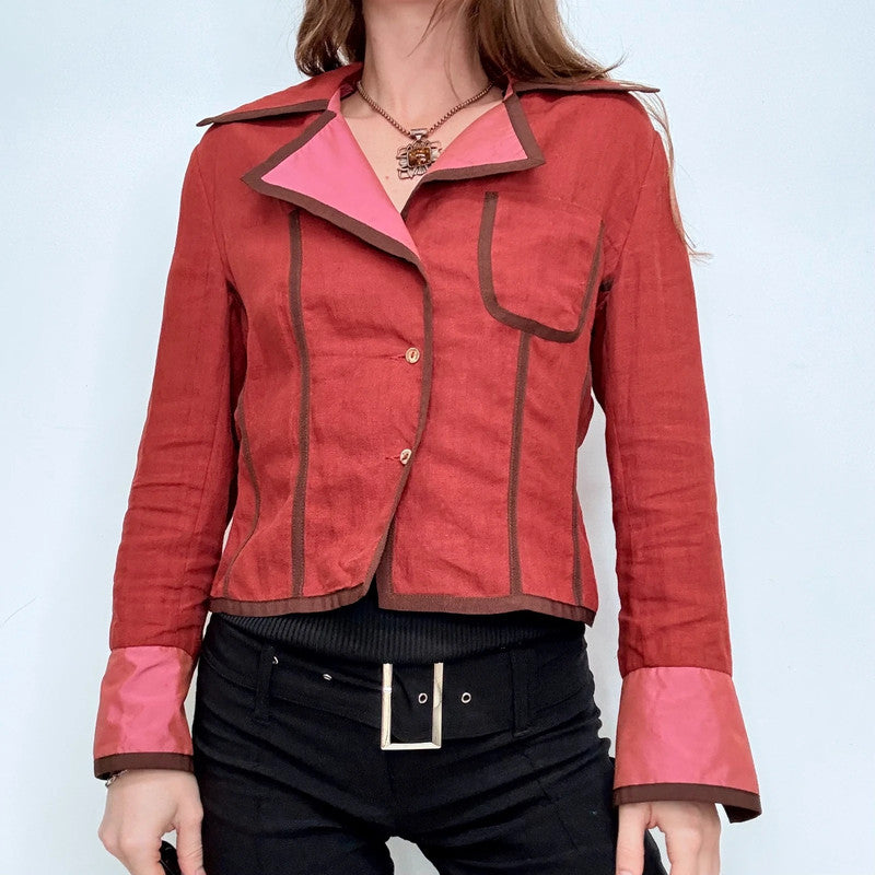 red linen cropped shirt jacket