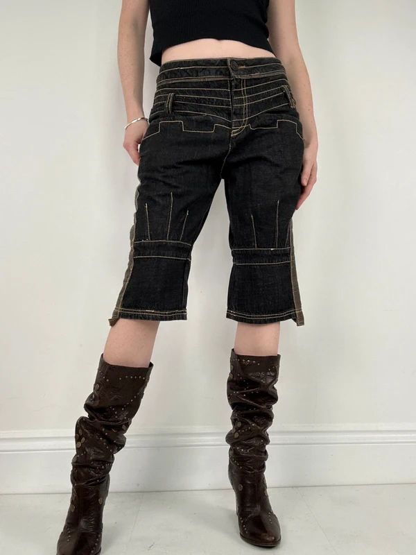 distressed black denim jorts capri pants