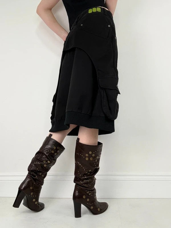 black layered utility midi skirt