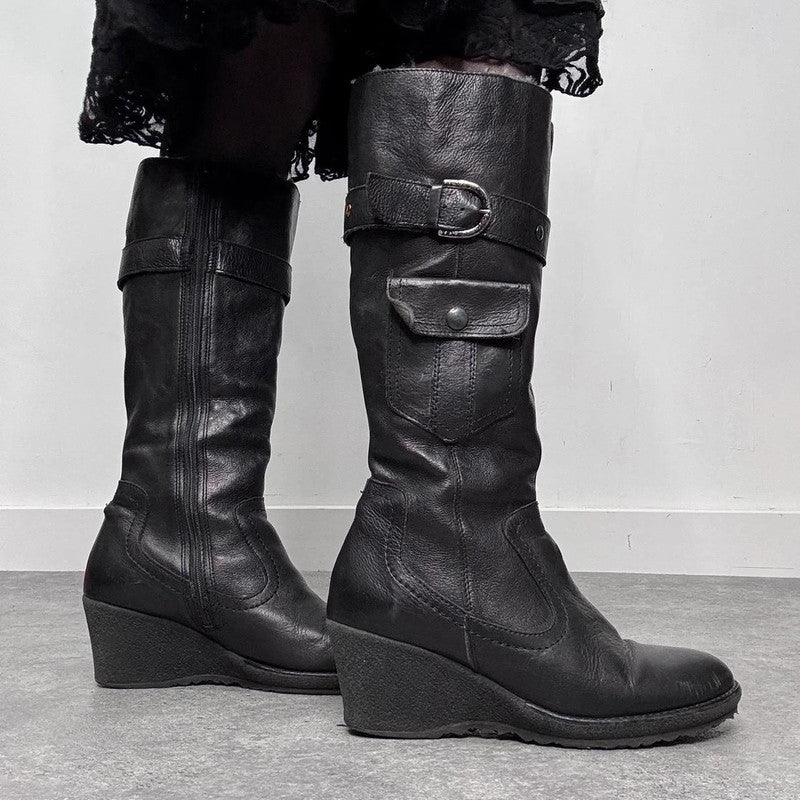 black leather buckle knee high boots
