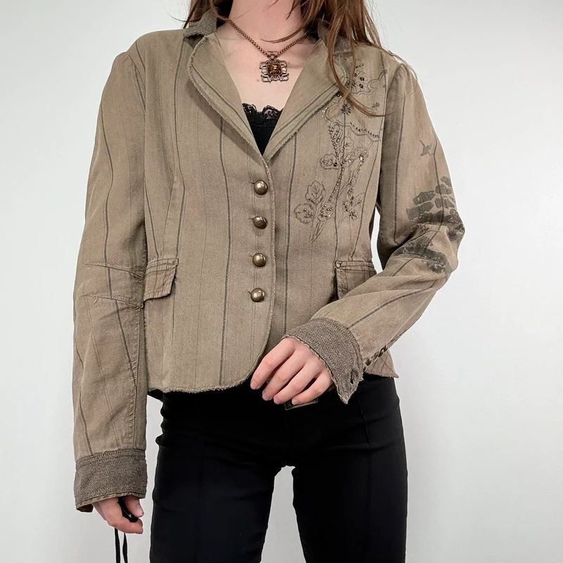 khaki tweed pinstripe fitted grunge fairy Derhy blazer