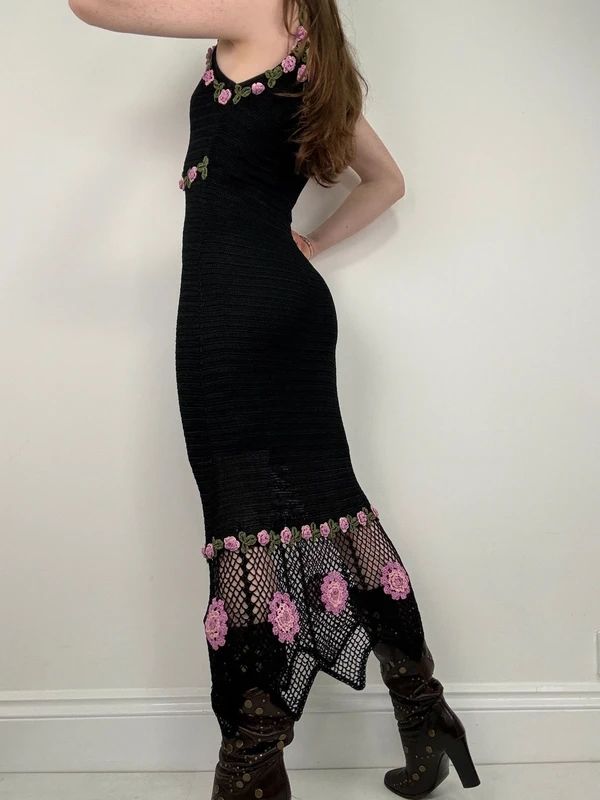 rene derhy crochet floral black summer maxi dress