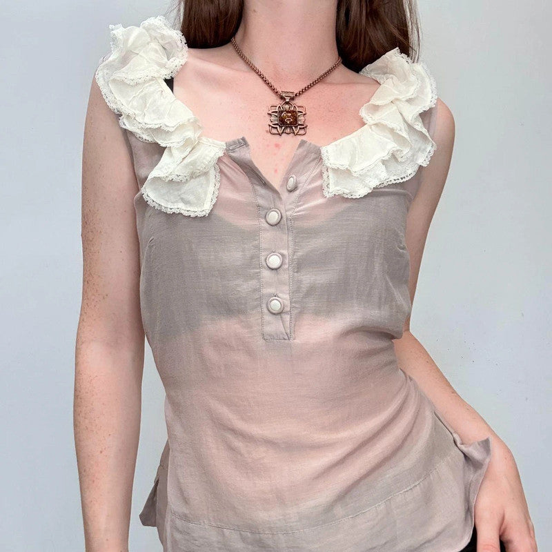 lace ruffle sheer silk cream shirt