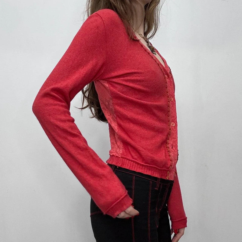 red lace knit cardigan