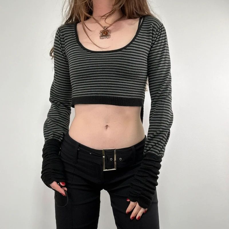 cropped pinstripe gathered engineered jumper