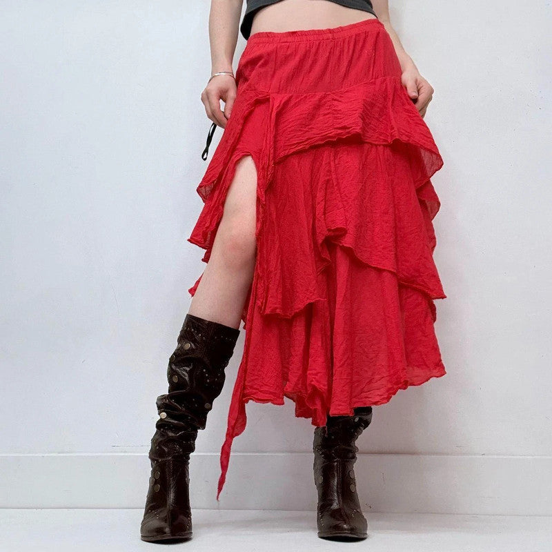 red asymmetric layered maxi skirt