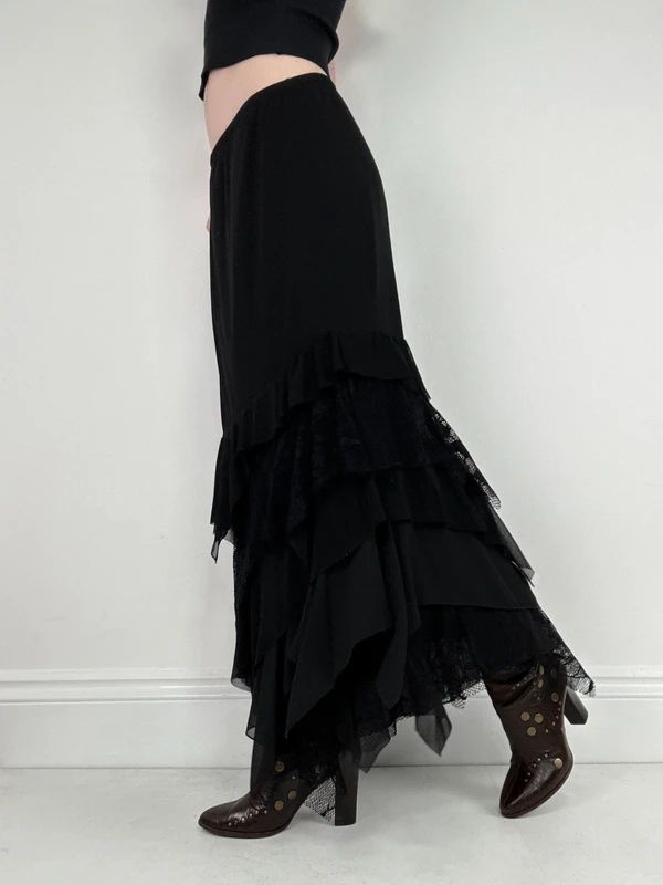 black ruffle grunge layered whimsygoth maxi skirt