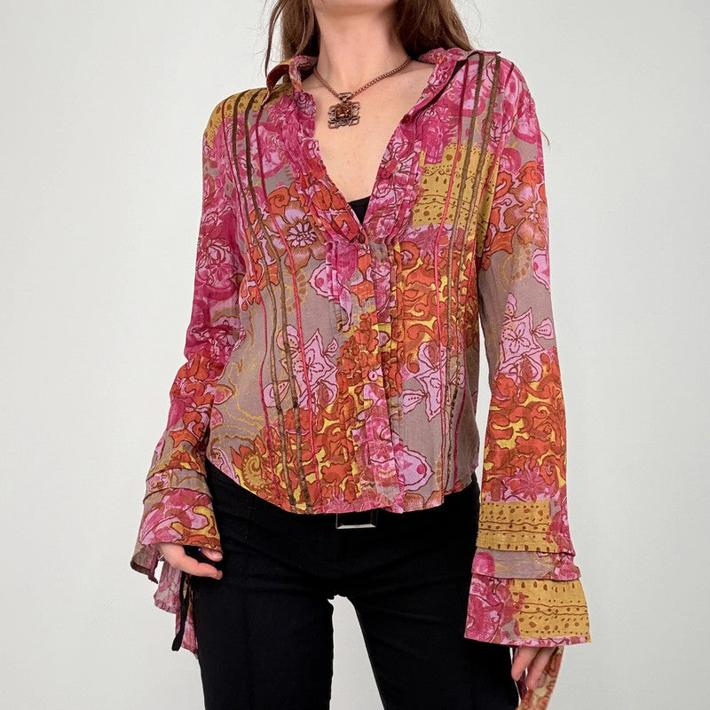 pink and brown floral printed flared shirt