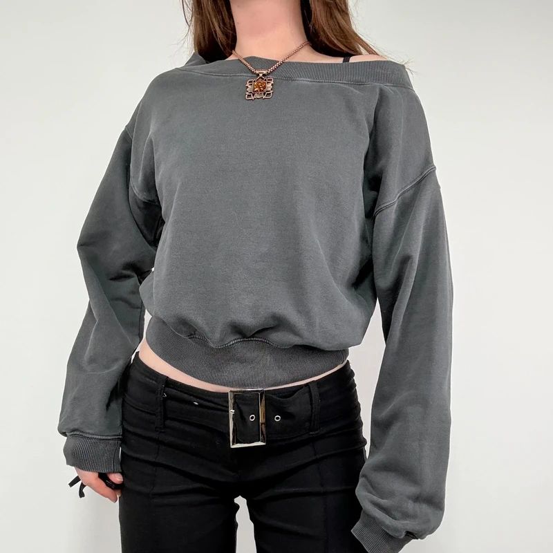 grey slash neck cropped sweater