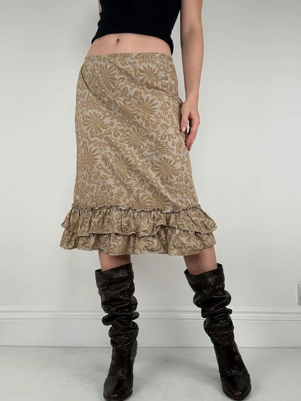 Beige floral double ruffle hem vintage skirt