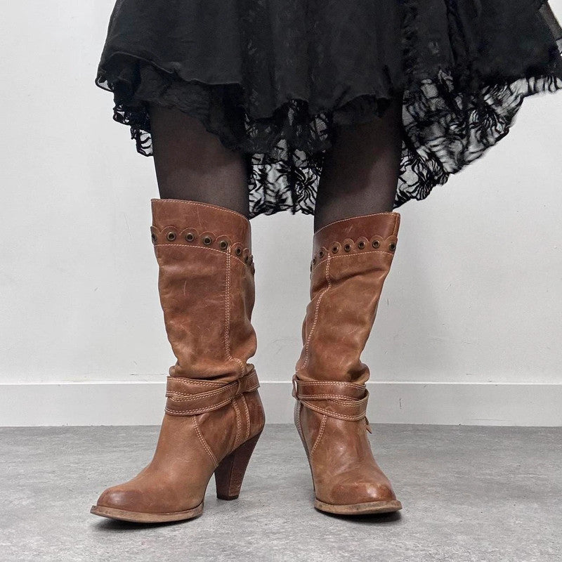 tan leather slouchy studded boots
